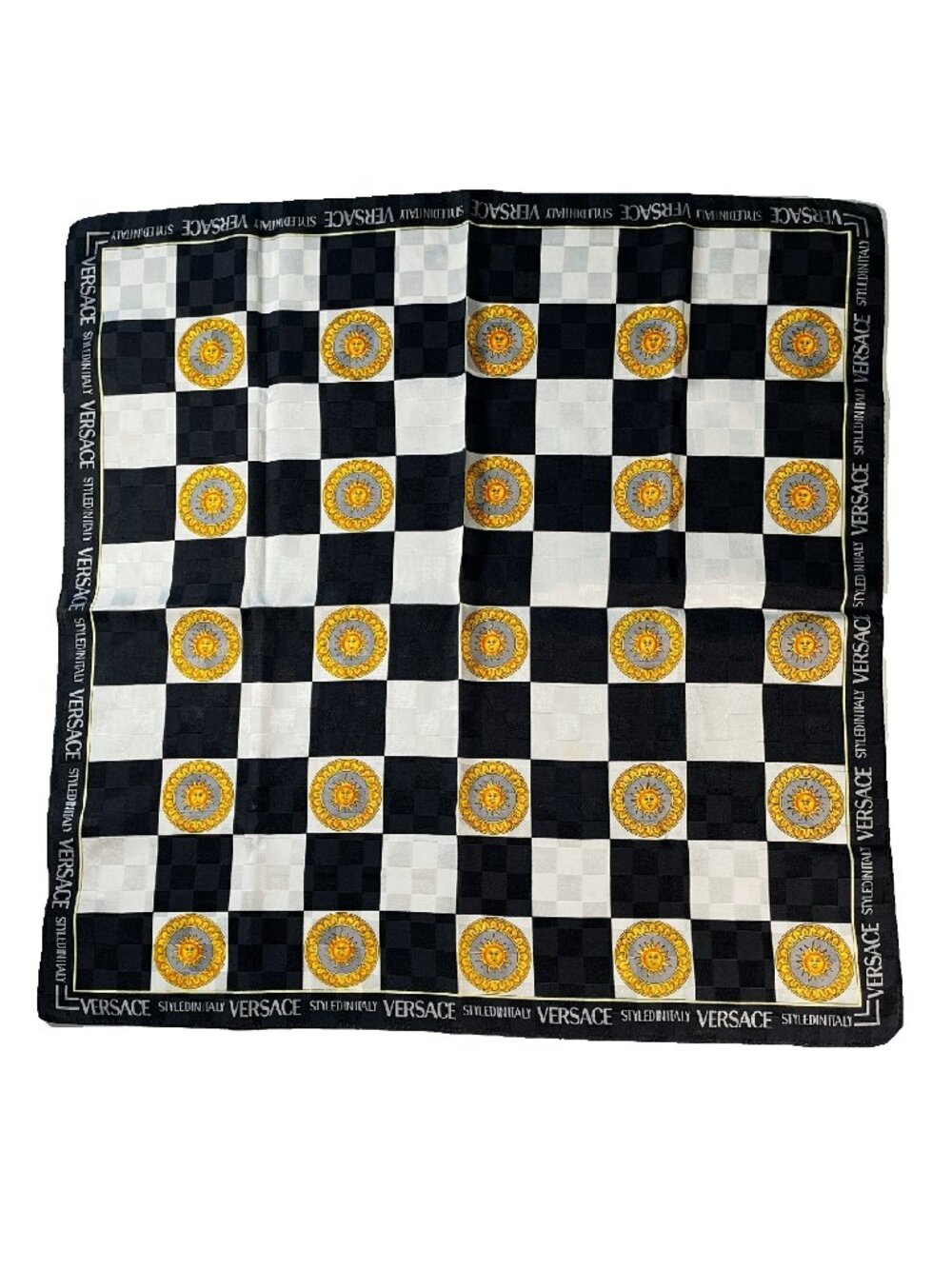 Versace Vintage Checkerboard Sun Print Scarf 53cm Black White Gold